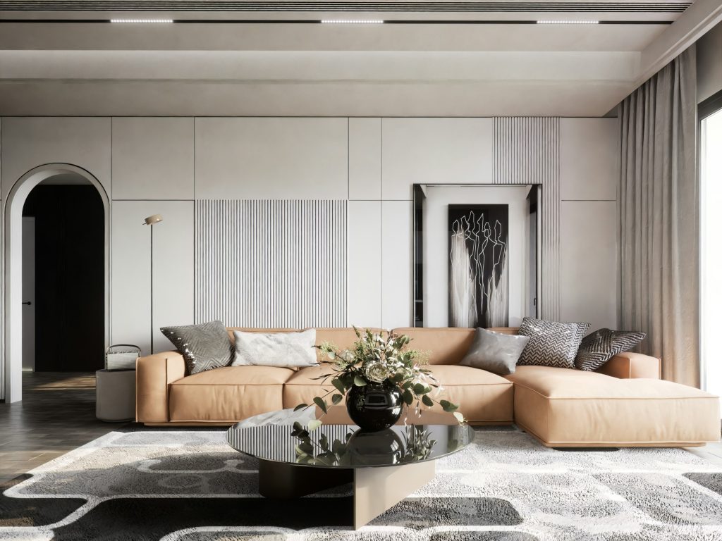 Interior minimalista de casa premium em betão